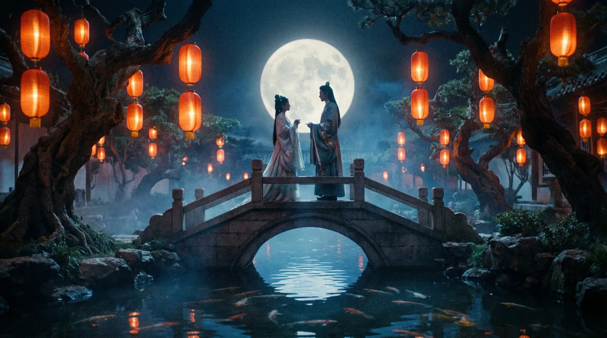 免费看片古典爱情片拍摄剧照-月下花园场景